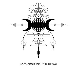 Triple Goddess and Flower of Life, Sacred Geometry, tribal triangles, moon phases in Shaman boho style. Tattoo, astrology, alchemy, and magic symbols. Vector isolated on white background  svg