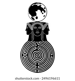 Triple goddess with full moon on a round spiral maze or labyrinth symbol. Lunar female triad. Hecate. Creative mythological concept. Three women faces. Philosophical symbol. Black and white silhouette