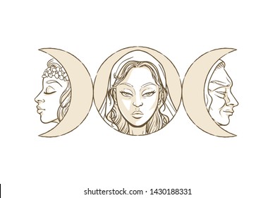 Triple goddess as Maiden, Mother and Crone, beautiful woman, symbol of moon phases. Hekate, mythology, wicca, witchcraft. Vector illustration
