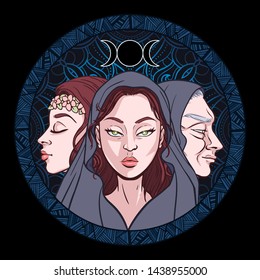 Triple goddess as Maiden, Mother and Crone, beautiful woman, symbol of moon phases. Hekate, mythology, wicca, witchcraft. Vector illustration