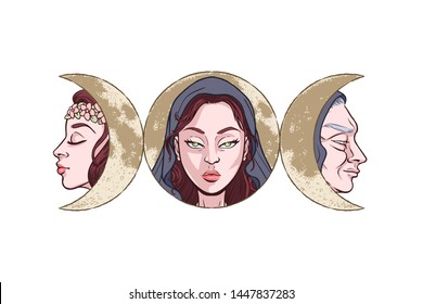 Triple goddess as Maiden, Mother and Crone, beautiful woman, symbol of moon phases. Hekate, mythology, wicca, witchcraft. Vector illustration