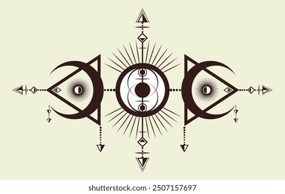 Triple Diosa misteriosa luna creciente mágica geometría sagrada. Tatuaje del logotipo de Vesica piscis, dualidad, símbolo mitológico de la trinidad en estilo boho. Signo protector de las brujas Wiccan, el tercer ojo místico