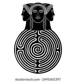 Triple goddess on a round spiral maze or labyrinth symbol. Female triad. Hecate. Creative mythological concept. Three women faces. Philosophical symbol. Black and white silhouette.