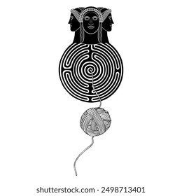 Triple goddess on a round spiral maze or labyrinth symbol and a yarn ball. Ariadne's thread. Female triad. Creative mythological concept. Philosophical symbol. Black and white silhouette.