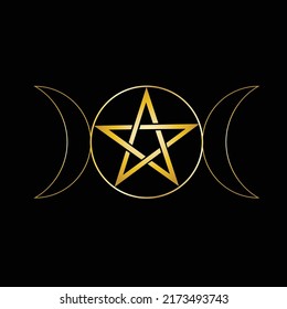 Triple Goddess Pentagram Symbol Triluna, Pagan Gold Sign Isolated. Triple Moon Sign. Cycle Of Life, Death And Rebirth. Wicca Pentacle, Woman Mother Earth Symbol Of Sexual Procreation.