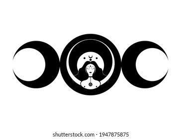 Triple goddess symbol of moon phases. Wiccan woman icon. Hekate, mythology, Wicca, witchcraft. Triple Moon Religious Wiccan sign. Logo Neopaganism symbol. Crescent, half and full moon, vector isolated