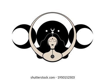 Triple símbolo de diosa de las fases de la luna. Icono de mujer de Wiccan. Hekate, mitología, Wicca, brujería. Cartel de Triple Luna Religiosa Wiccan. Símbolo del logo neopaganismo. Creciente, media luna llena, vectorial aislado