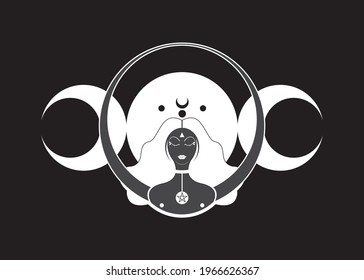 Triple goddess symbol of moon phases. Wiccan woman icon. Hekate, mythology, Wicca, witchcraft. Triple Moon Religious Wiccan sign. Logo Neopaganism symbol. Crescent, half and full moon, vector isolated