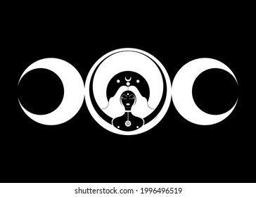 Triple goddess symbol of moon phases. Wiccan woman icon. Hekate, mythology, Wicca, witchcraft. Triple Moon Religious Wiccan sign. Logo Neopaganism symbol. Crescent, half and full moon, vector isolated