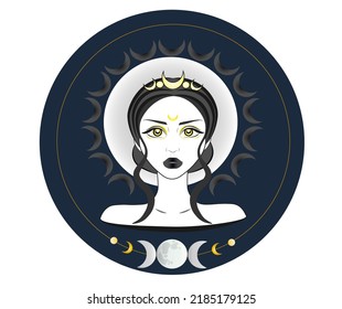 Triple goddess symbol of moon phases. Wiccan woman icon. Hekate, mythology, wicca, witchcraft. Triple Moon Religious Wiccan sign. Crescent, half and full moon. Printing of posters, cover etc. 