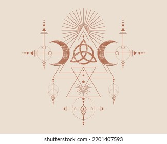 Triple Goddess and Triquetra , Sacred Geometry, tribal triangles, moon phases in Shaman boho vintage style. Retro Tattoo, astrology, alchemy, and magic symbols. Vector isolated on ancient background 