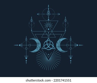 Triple Diosa y Triquetra , Geometría Sagrada, triángulos tribales, fases de luna en estilo vintage chamán boho. Retro, astrología, alquimia y símbolos mágicos. Vector aislado en fondo azul antiguo 