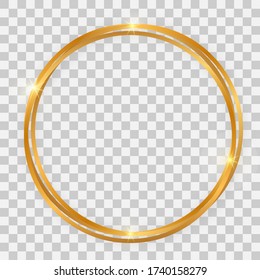 Triple gold shiny circle frame with glowing effects and shadows on transparent background. Vector illustration