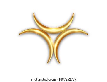 Triple golden goddess mystical moon phases, gold luxury logo design, golden moon magic symbol, runic sign, wiccan witch sigil isolated on white background 