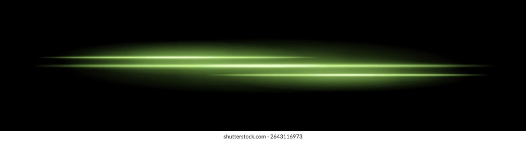 A luz verde tripla apresenta listras com desfoque brilhante e trilha de movimento no plano de fundo preto. Feixes de laser horizontais dinâmicos ideais para efeitos de velocidade, HUDs futuristas ou sobreposições de ficção científica.