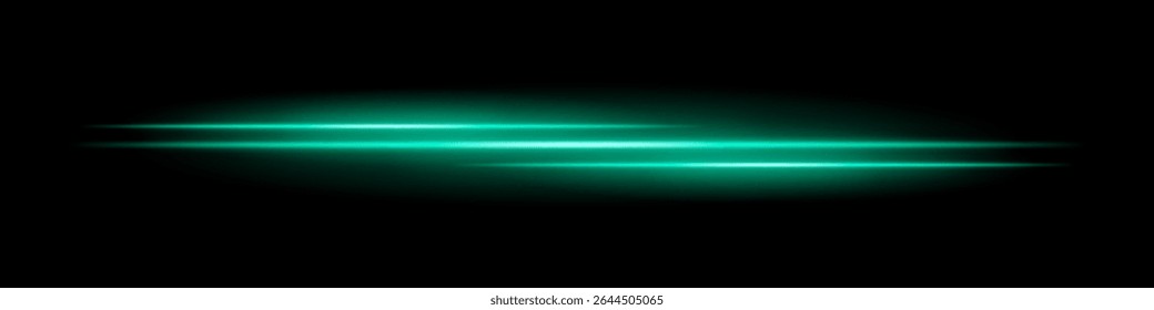 A luz verde tripla apresenta listras com desfoque brilhante e trilha de movimento no plano de fundo preto. Feixes de laser horizontais dinâmicos ideais para efeitos de velocidade, HUDs futuristas ou sobreposições de ficção científica.