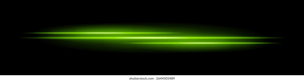 A luz verde tripla apresenta listras com desfoque brilhante e trilha de movimento no plano de fundo preto. Feixes de laser horizontais dinâmicos ideais para efeitos de velocidade, HUDs futuristas ou sobreposições de ficção científica.