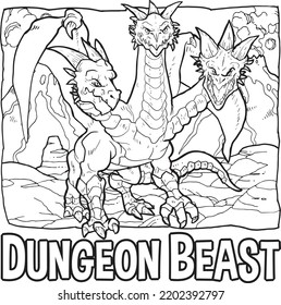 Triple Head Fire Dungeon Dragon Beast Monster Artline Illustration For Kids Coloring Book