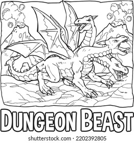 Triple Head Fire Dungeon Dragon Beast Monster Artline Illustration For Kids Coloring Book