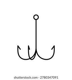 Triple hook. Empty fishhook for fishing bait. Angling rod accessory for catching fish. Fishery tackle for lure. Fisherman tool. Angler supply. Flat isolated vector illustration on white background