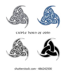 Triple Horn of Odin decorated with ornaments, set, isolated on white, vector illustration