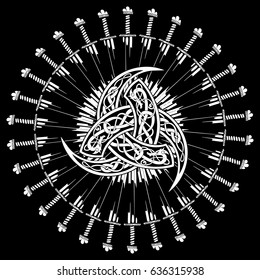 Triple Horn of Odin decorated with ornaments in the circle of combat swords of the Vikings, vector illustration