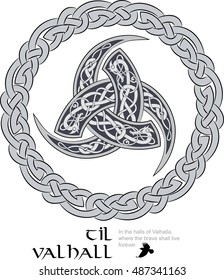 Triple Horn of Odin decorated with Scandinavian ornaments , vector illustration