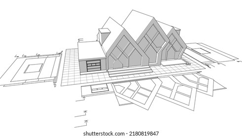 triple house concept 3d rendering