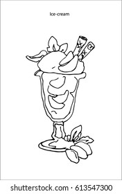 Triple ice cream in coctail glass cup with peaches, mint,
 and with two wafer straws on white background. Vector graphic illustration.