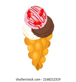 Triple ice cream waffle. Bubble waffle with pink, chocolate, and vanilla ice cream ball. Strawberry topping and strawberry on ice cream ball.