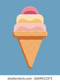 Triple ice cream in a waffle mug - a colorful vector