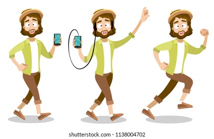 Triple image of human in motion with telephone and with headphones. Caucasian joyful man with beard and in hat go of skipping. Color illustration on white background. Male listens to music and running