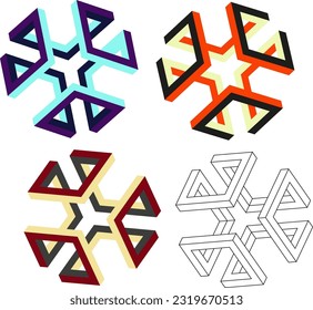 Triple infinite logo design set vector isolated. Outline geometric collection of impossible shapes. Multicolor triple impossible figures logo design elements . 3d abstract colorful  infinite symbols.