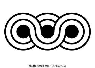 Triple infinity symbol. Three circles with staggered border lines, connected to each other in a wave-like manner and in a loop, expressing infinity. Crop circle pattern found near Devizes, Wiltshire.