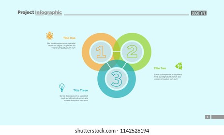 Triple intersect graph slide template. Business data. Chart, diagram. Creative concept for infographic, presentation, report. Can be used for topics like finance, statistics, development