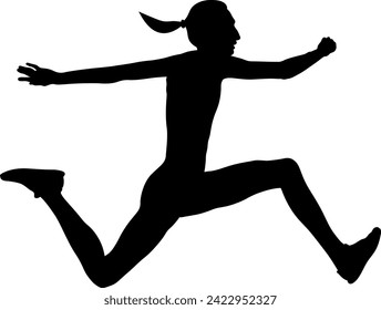 triple jump executing female athlete soars through air, black silhouette on white background