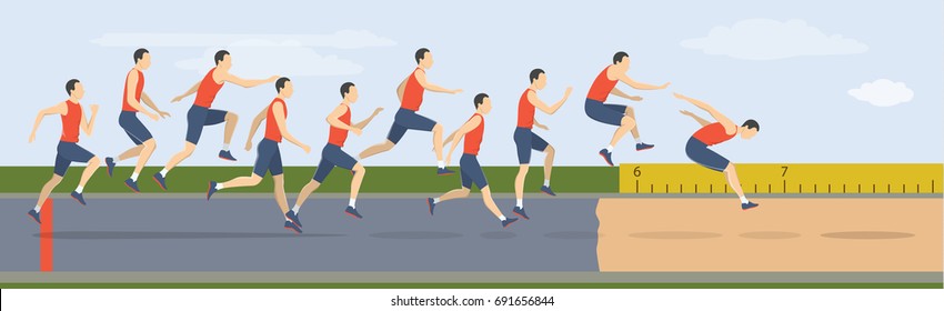 Triple jump moves illustration. Man jumps in uniform.