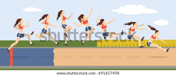 Triple\
jump moves illustration. Woman jumps in\
uniform.