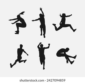 Triple Jump Silhouette Sammlung Set. Verschiedene Aktionen, Posen. Vektor-Illustration.