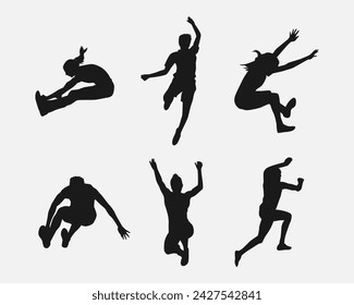 triple jump silhouette collection set. different actions, poses. vector illustration.