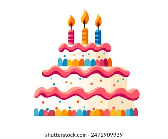 Triple layer birthday cake with three burning candle vector illustration isolated on white background