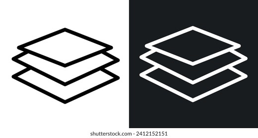Icono de línea de triple capa. Nivel del suelo e icono de acumulación de documentos en color blanco y negro.