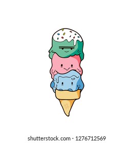 Triple layer Melting Ice Cream In The Waffle Cone, Green, Pink, Blue