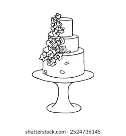 Triple layer wedding cake decorated with flowers on a high stand - hand drawn outline sketch