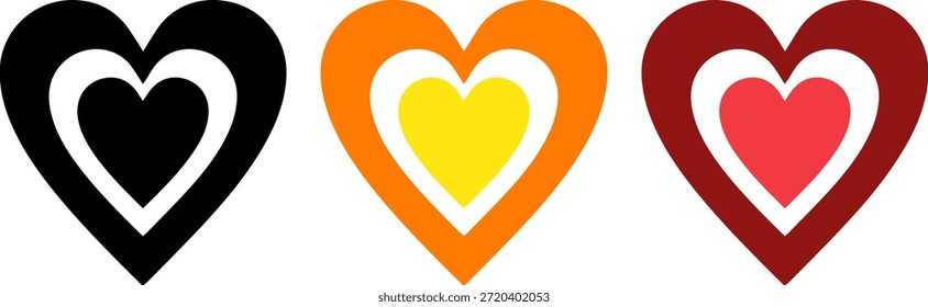 Icono de corazón de tres capas en diferentes colores, románticos símbolos de amor anidados para el día de San Valentín y la boda, Ilustración vectorial aislada