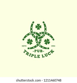Triple luck design logo template with three horseshoe and four-leaf clovers. Vector illustration.