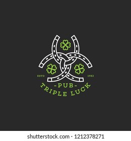 Triple luck design logo template with three horseshoe and four-leaf clovers in linear style. Vector illustration.