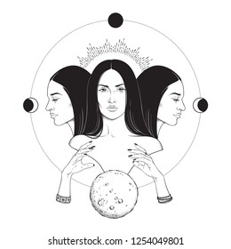 Triple lunar Goddess Hecate ancient Greek mythology hand drawn black and white isolated vector illustration. Blackwork, flash tattoo or print design