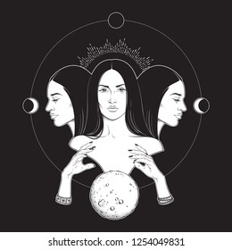 Triple lunar Goddess Hecate ancient Greek mythology hand drawn black and white isolated vector illustration. Blackwork, flash tattoo or print design