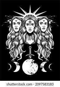 Triple lunar Goddess Hecate ancient Greek mythology hand drawn black and white isolated vector illustration. Tattoo or print design. Vector illustration. Tree beautiful girls with moons crown witch